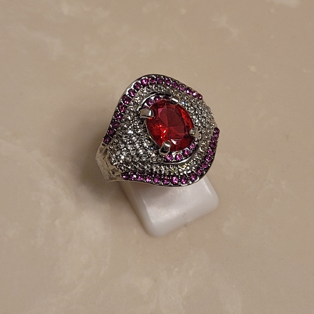 925 Silver Cz And Ruby Statement Ring Size 10 - image 3